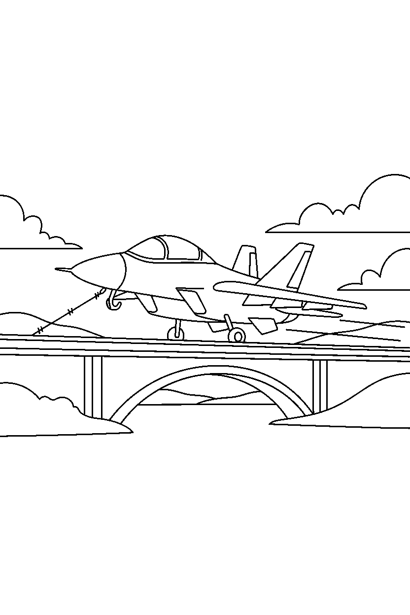 fighter jet stopping safely on a bridge line art