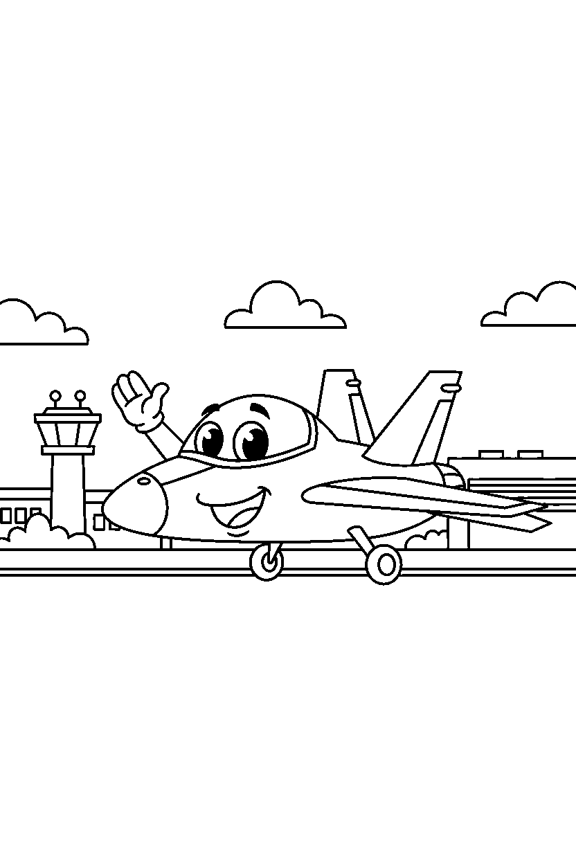 fighter jet waving happily at an airport line art