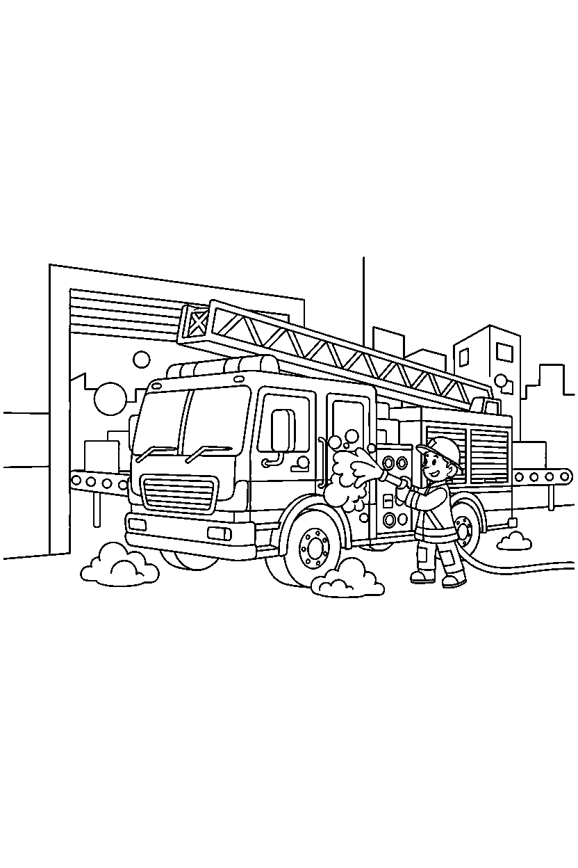 fire truck getting cleaned at a delivery center line art