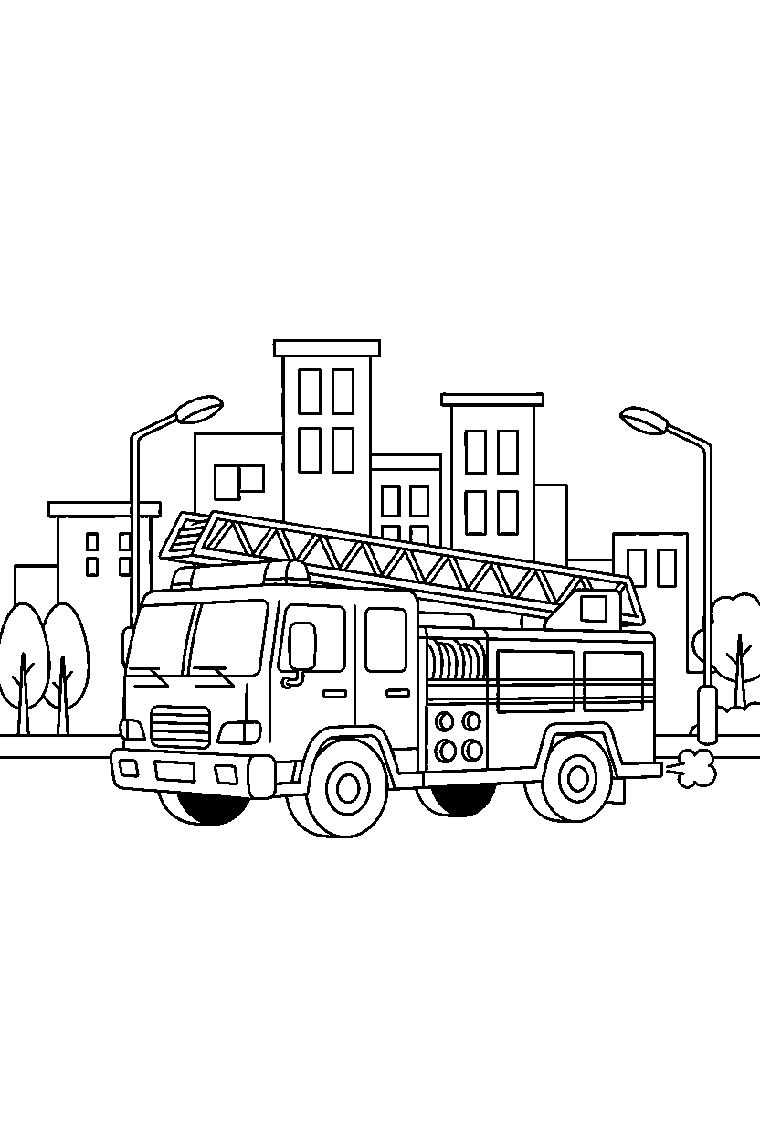fire truck moving carefully on a city street line art