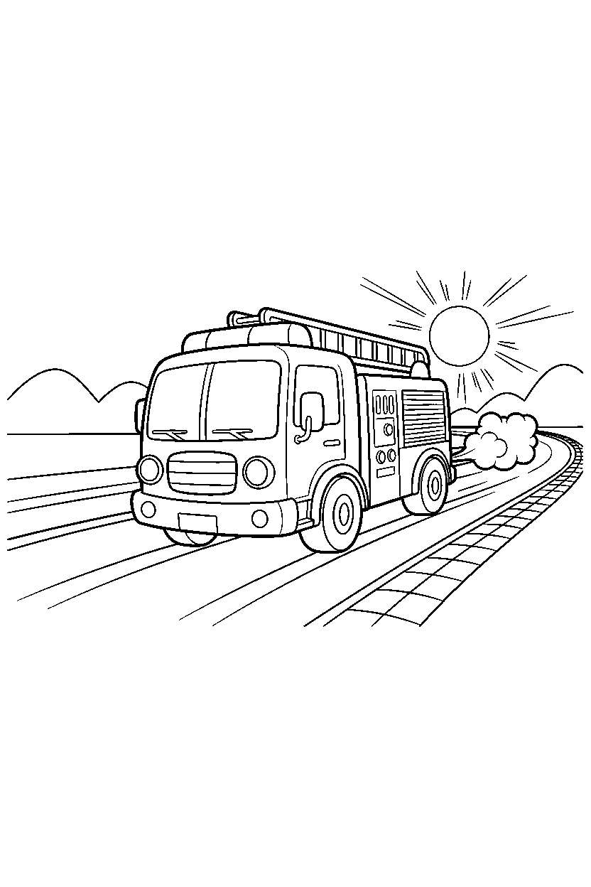 fire truck moving forward on a race track line art