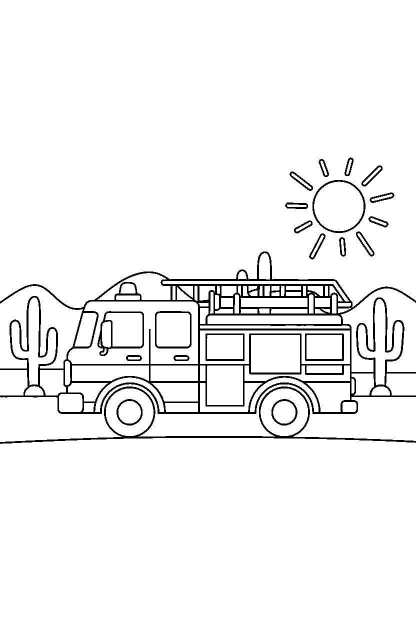 fire truck moving gently in a desert line art