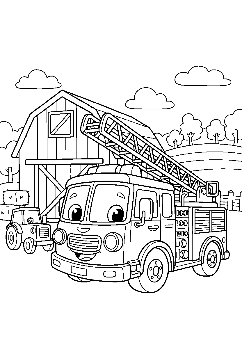 fire truck posing for a picture near a farm line art