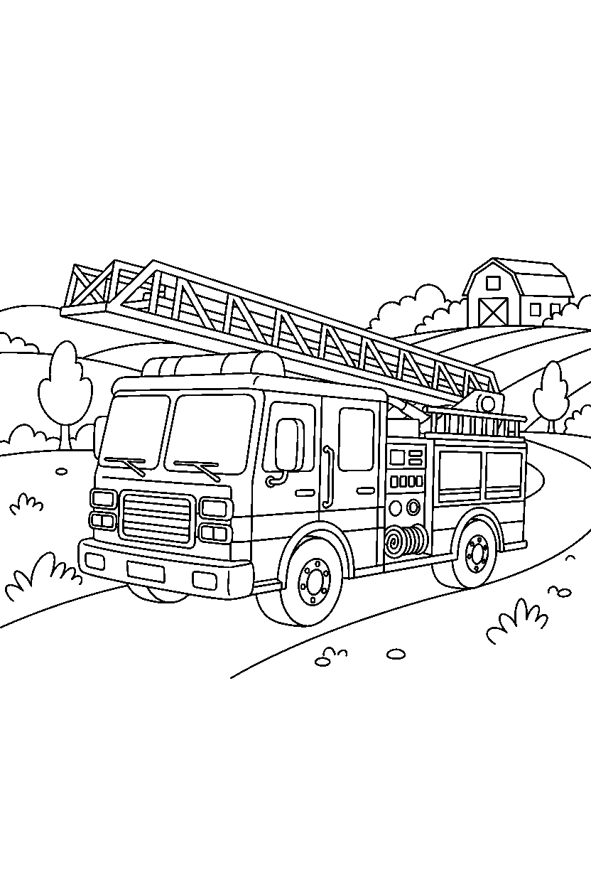 fire truck ready for action in the countryside line art
