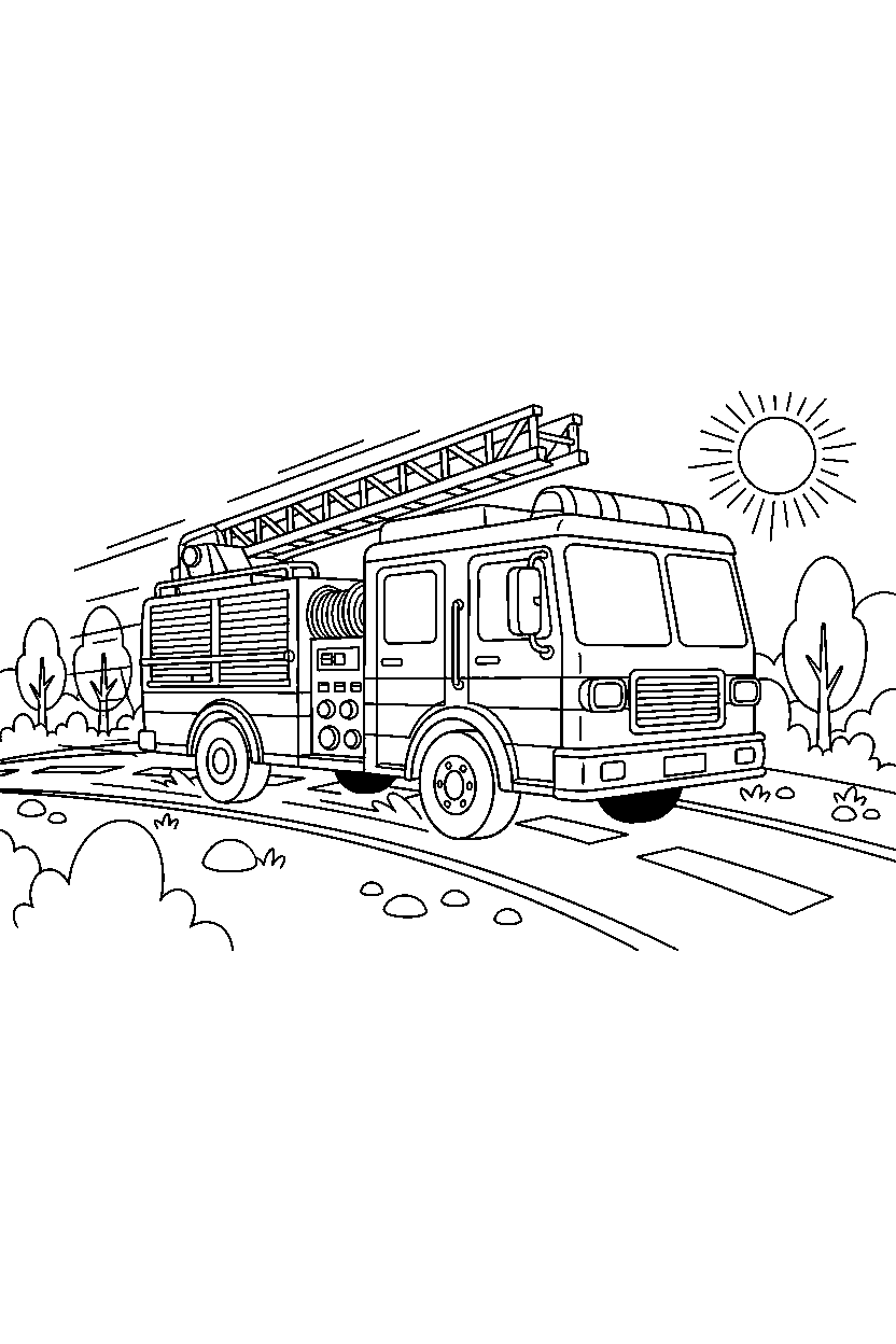 fire truck speeding up on a country road line art