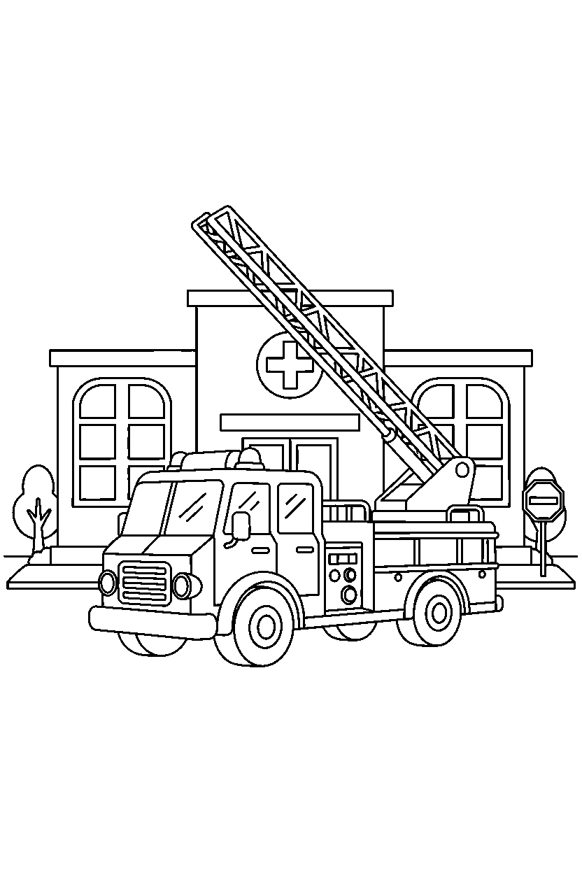 fire truck standing still at a hospital line art