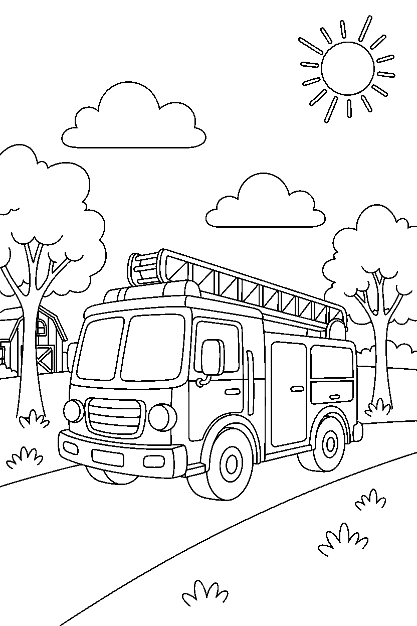 fire truck stopping on a country road line art