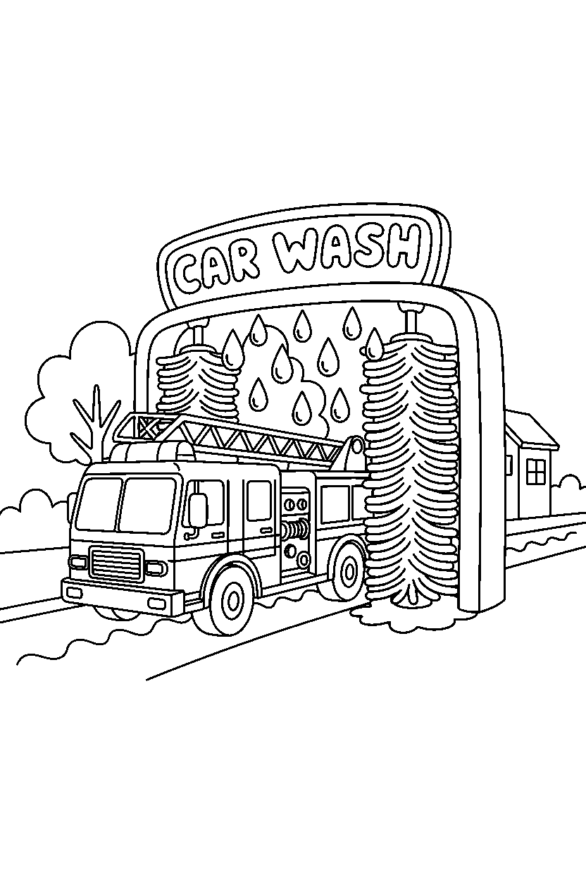 fire truck traveling on the road at a car wash line art