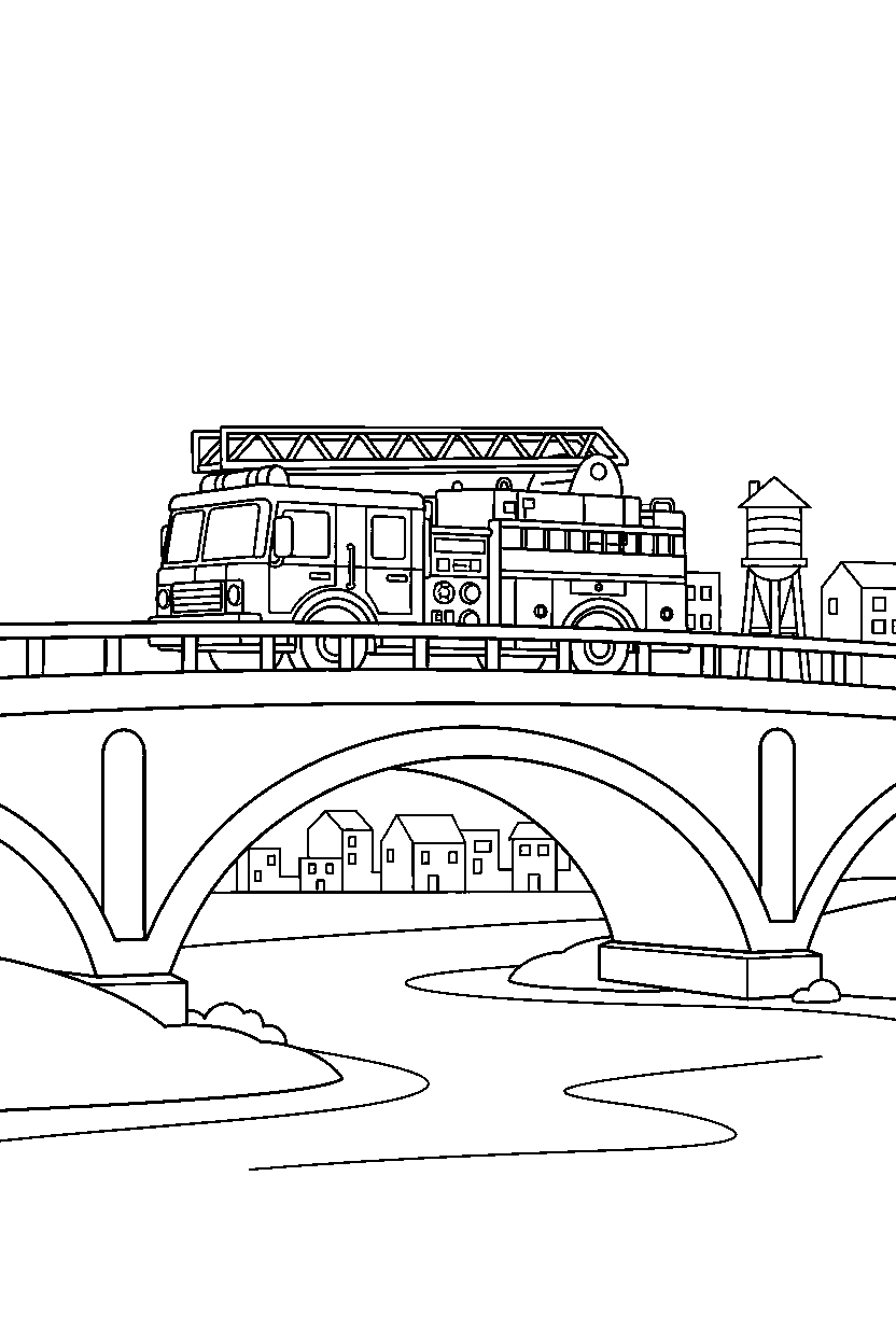 fire truck traveling to a new place on a bridge line art