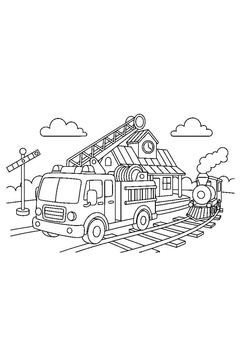 fire truck turning left at a train station line art