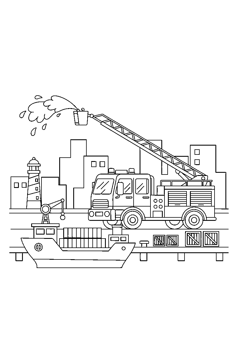 fire truck working at a job site at a seaport line art