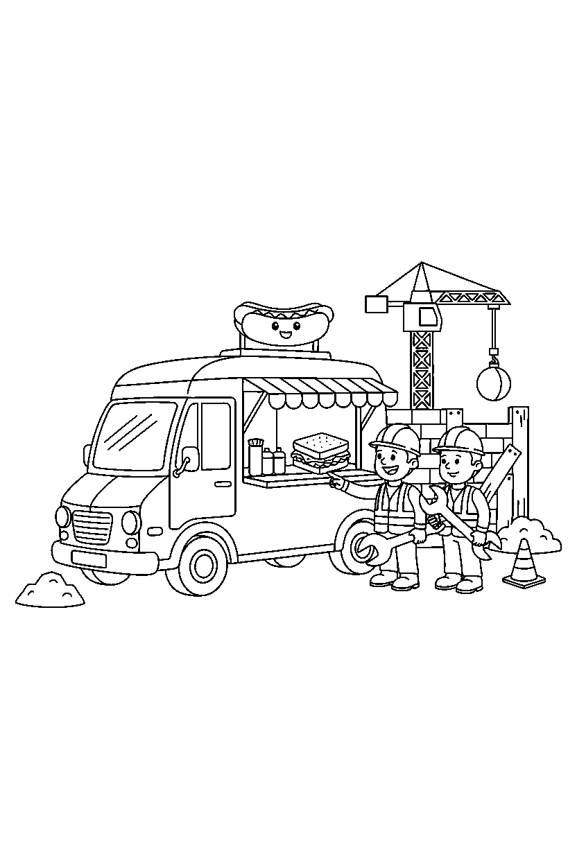 food truck stopping safely at a construction site line art