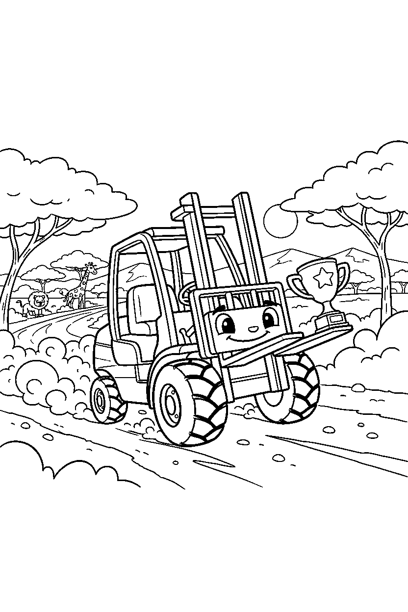 forklift racing to the finish on a safari road line art
