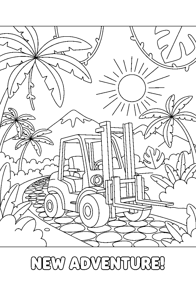 forklift traveling to a new place in a jungle road line art