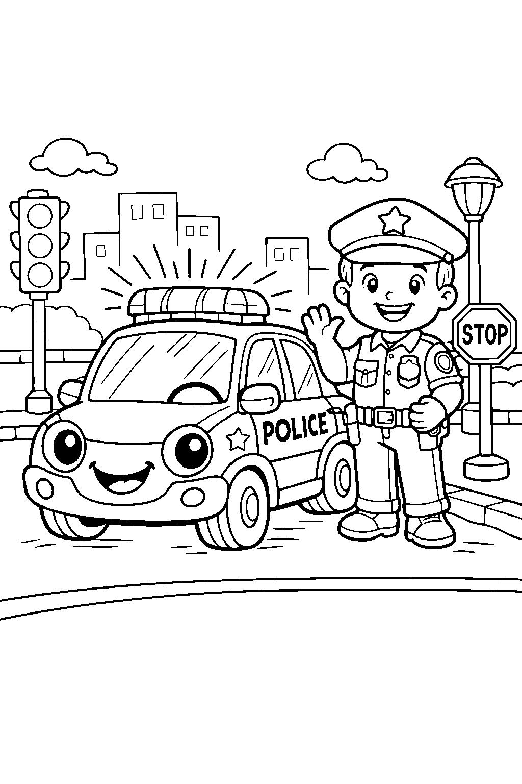 friendly police officer and police car line art