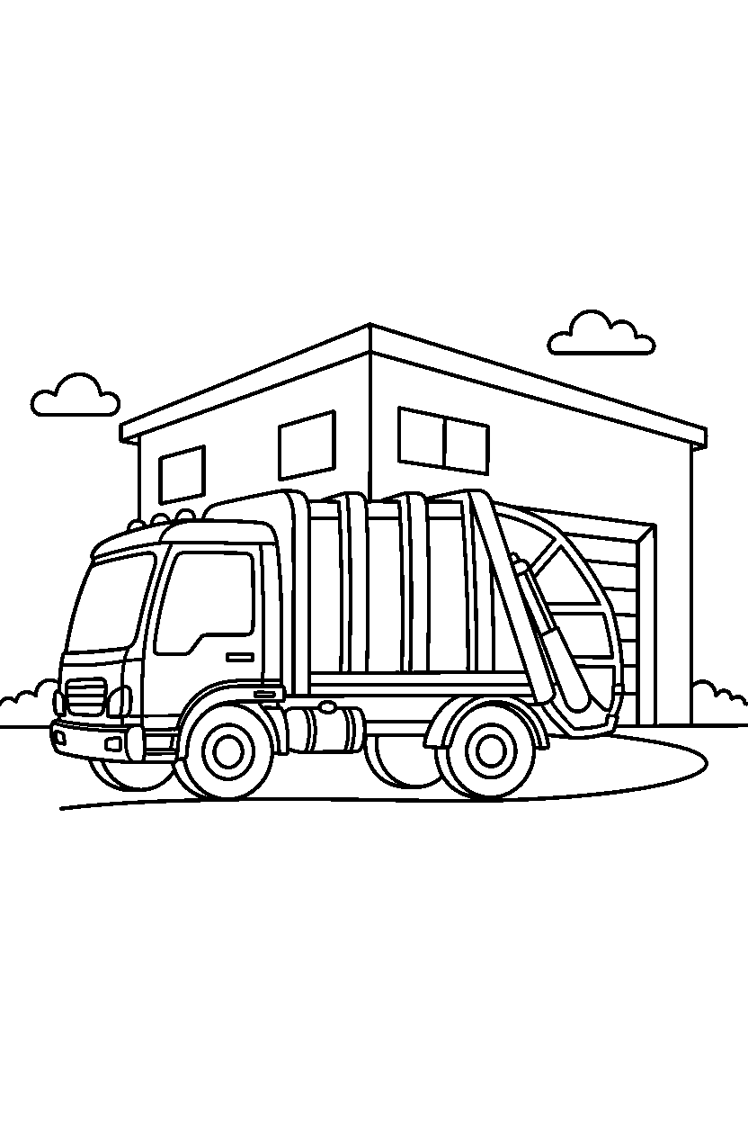 garbage truck looking shiny near a warehouse line art