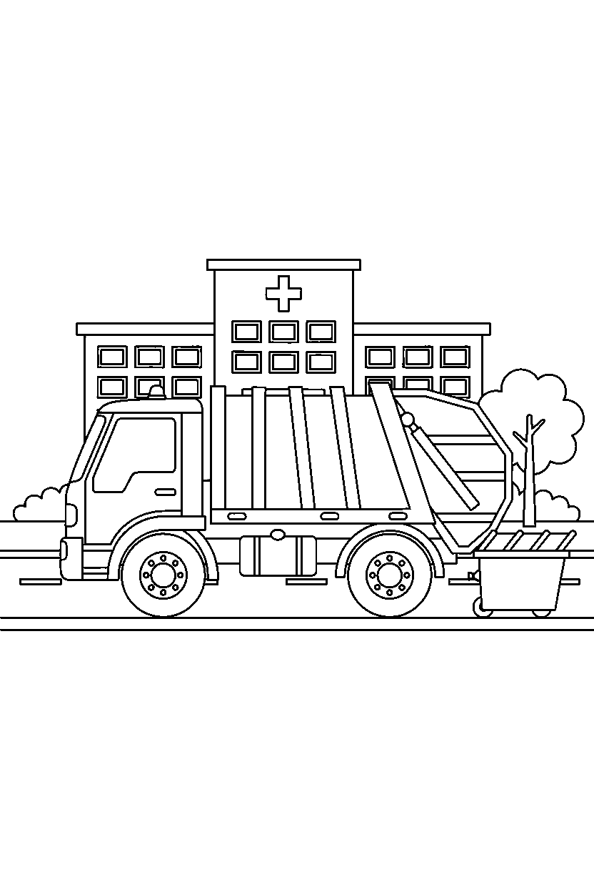 garbage truck moving slowly at a hospital line art