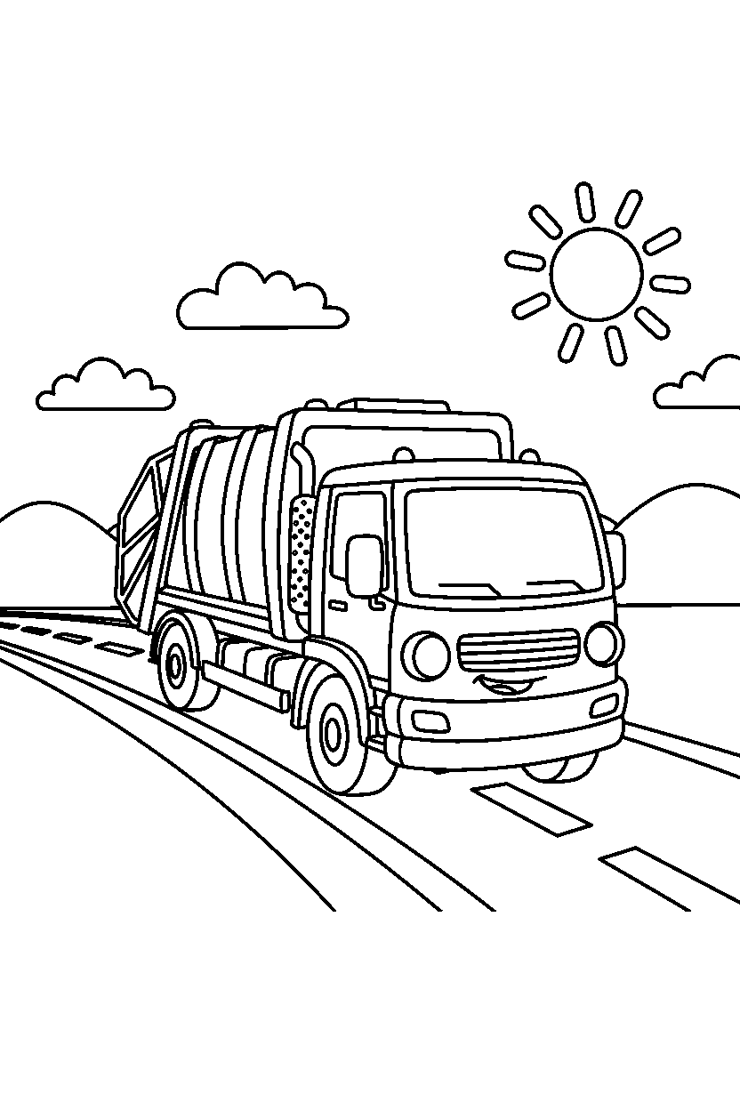 garbage truck starting a trip on a highway line art