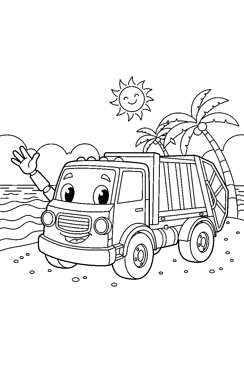 garbage truck waving happily near the beach line art