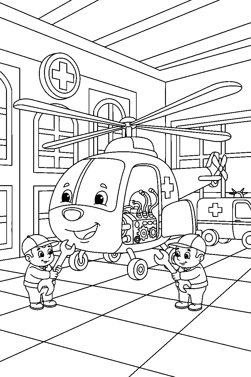 helicopter getting repaired at a hospital line art
