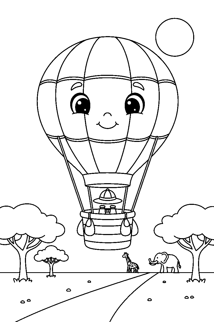 hot air balloon looking friendly on a safari road line art