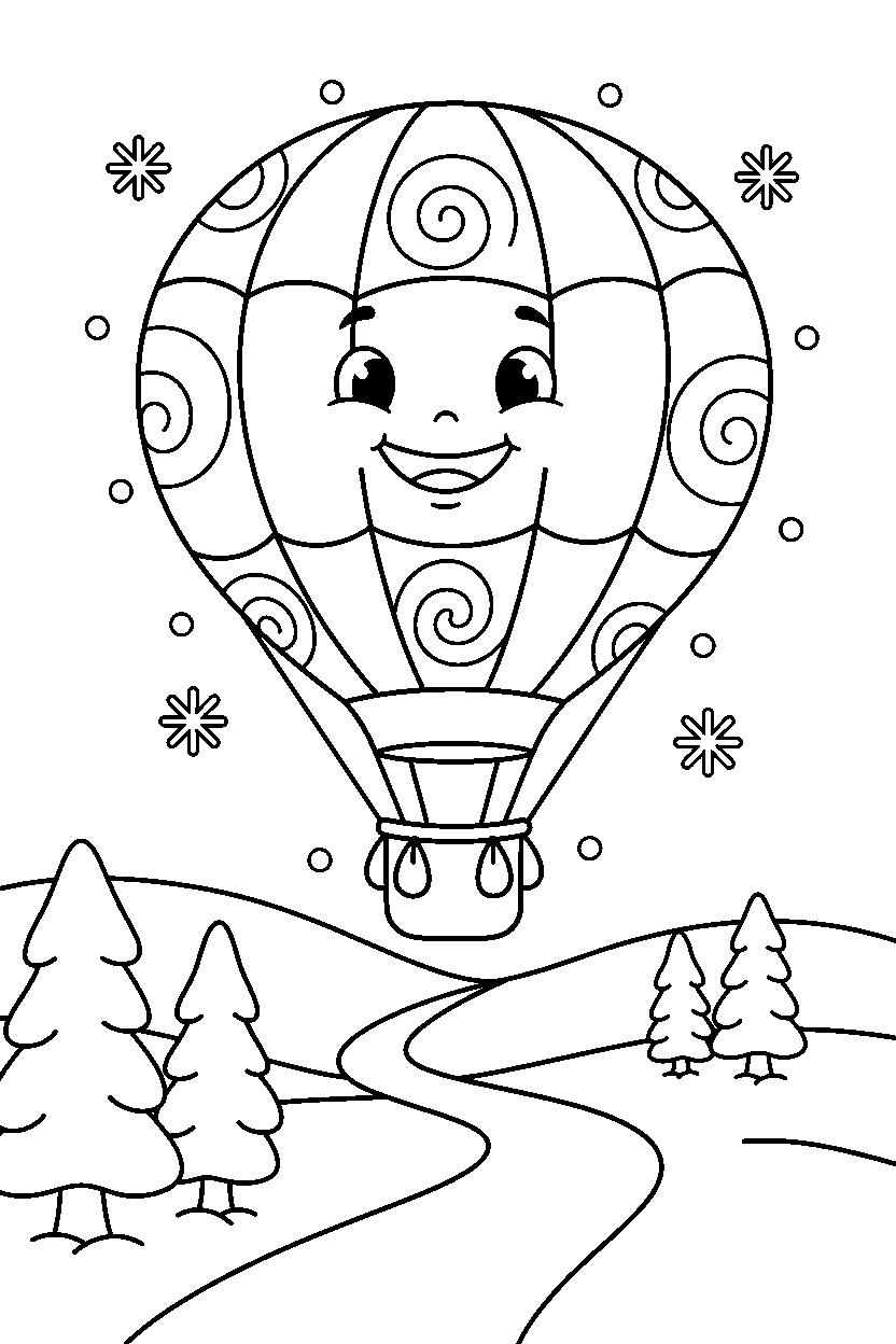 hot air balloon smiling happily on a snowy road line art