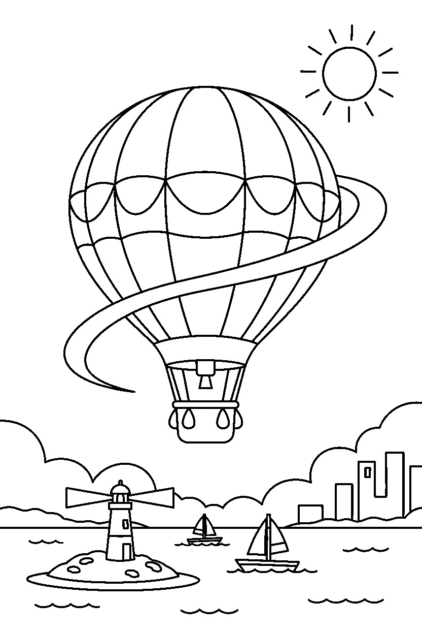 hot air balloon turning carefully at a harbor line art