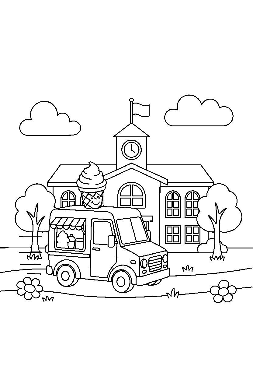 ice cream truck moving forward near a school line art