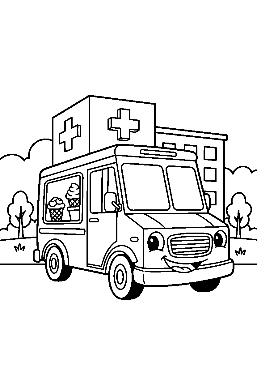 ice cream truck posing proudly at a hospital line art