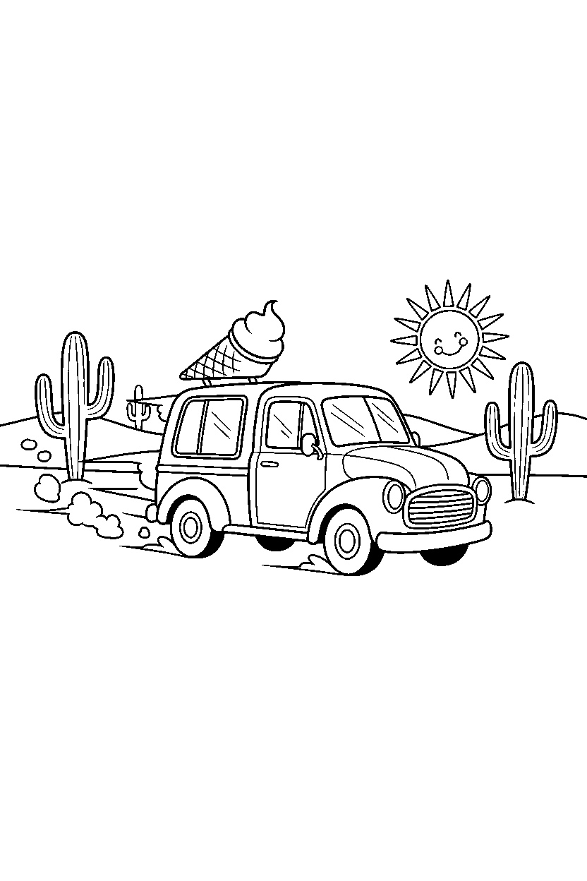 ice cream truck speeding up in a desert line art