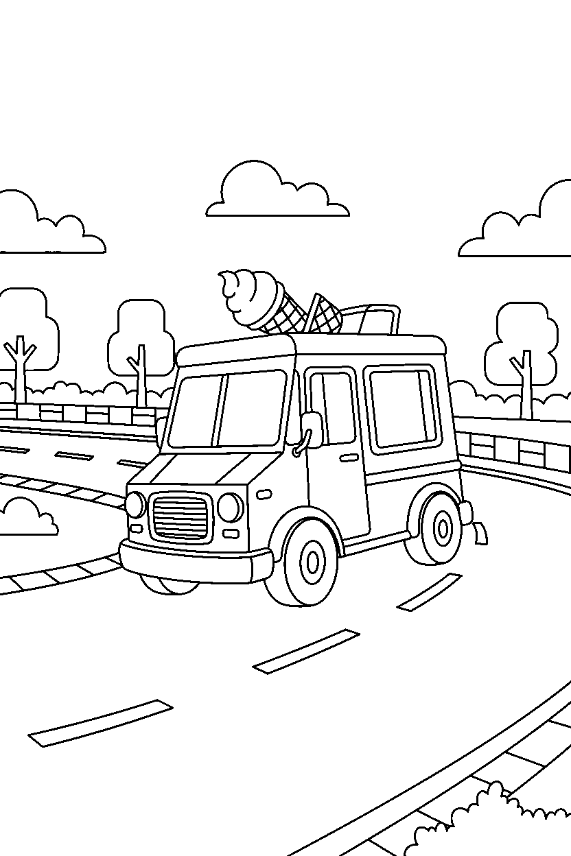 ice cream truck turning carefully on a race track line art