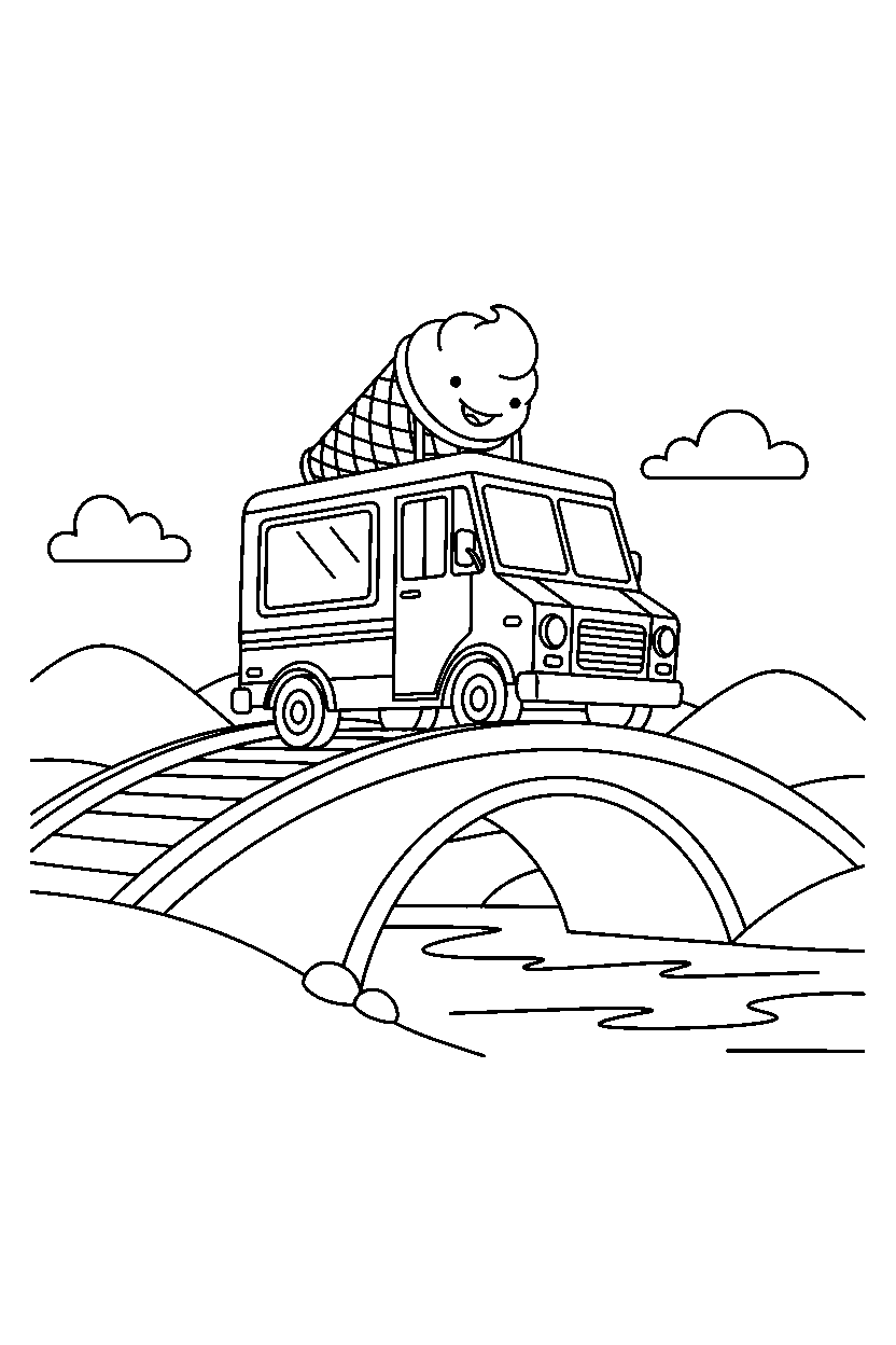 ice cream truck turning on a simple bridge line art