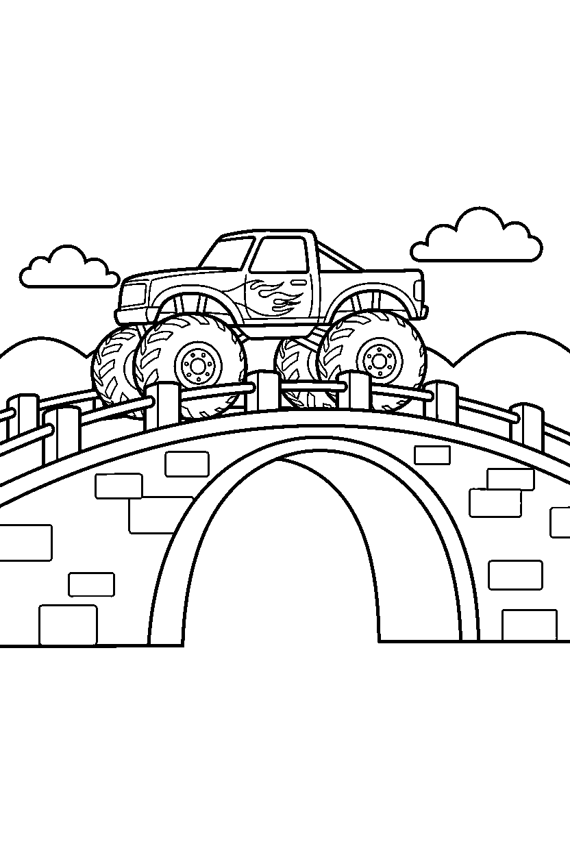 monster truck moving gently on a simple bridge line art