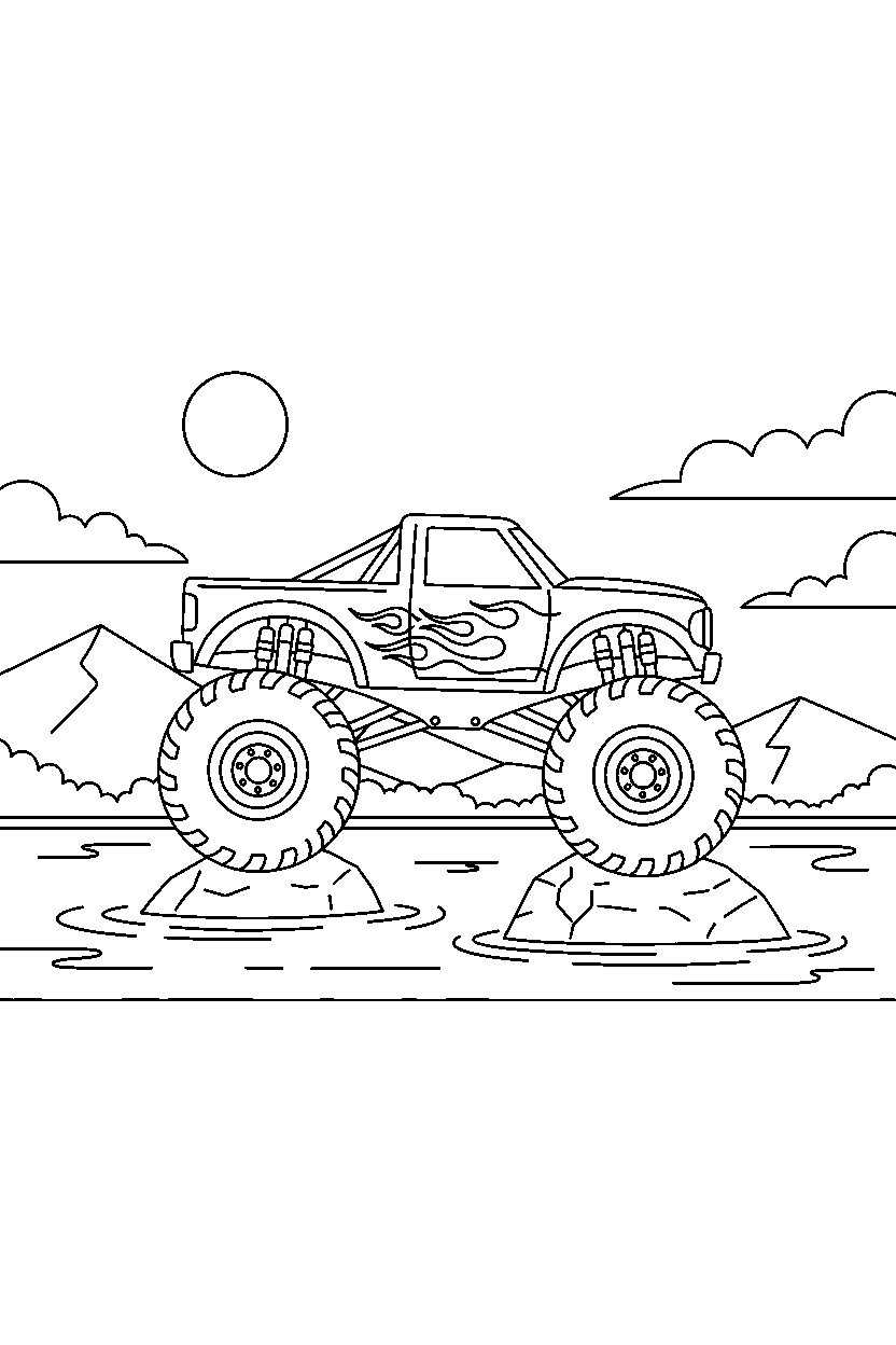 monster truck posing for a picture on a lake line art