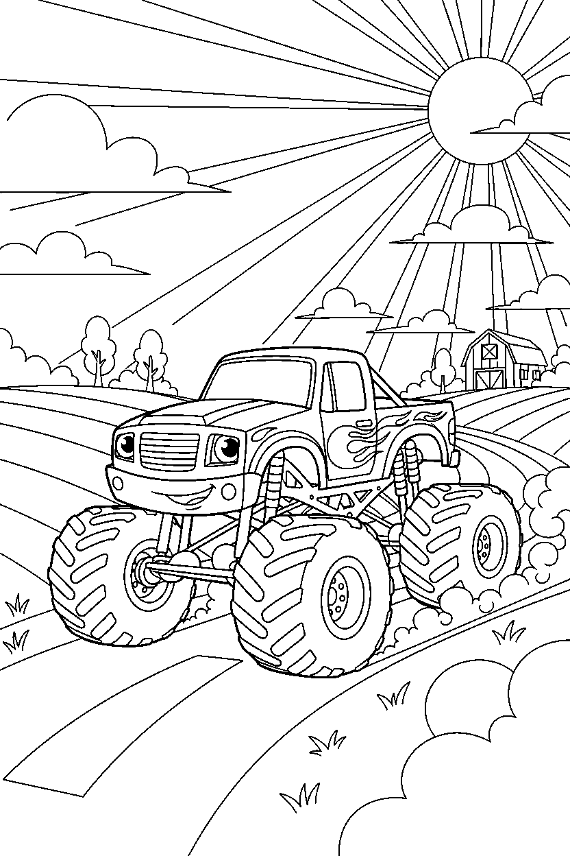 monster truck posing proudly on a country road line art