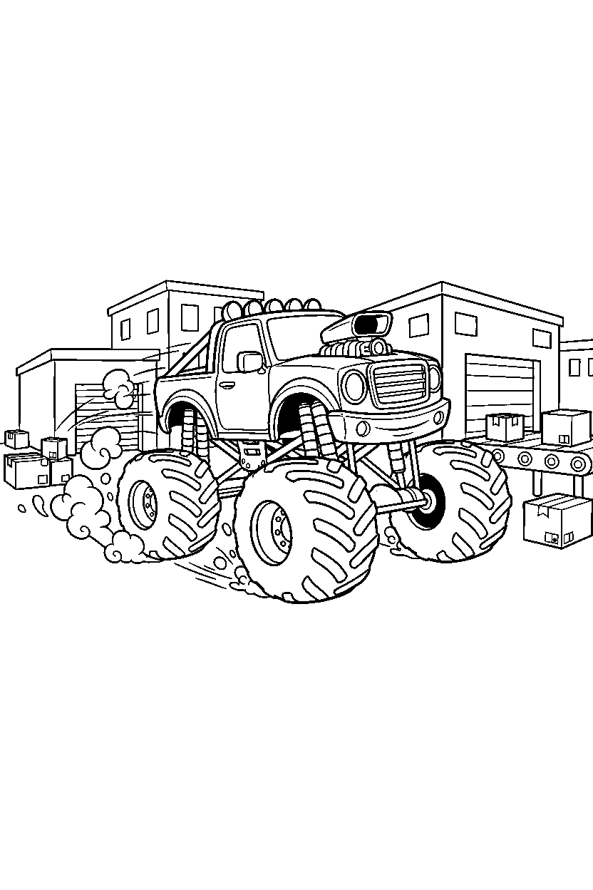 monster truck speeding up at a delivery center line art