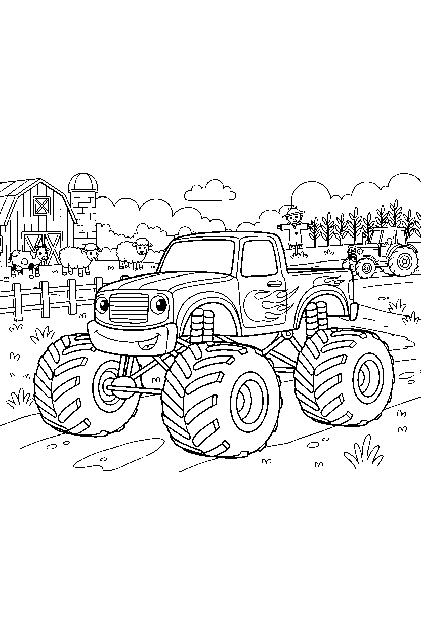 monster truck stopping safely near a farm line art