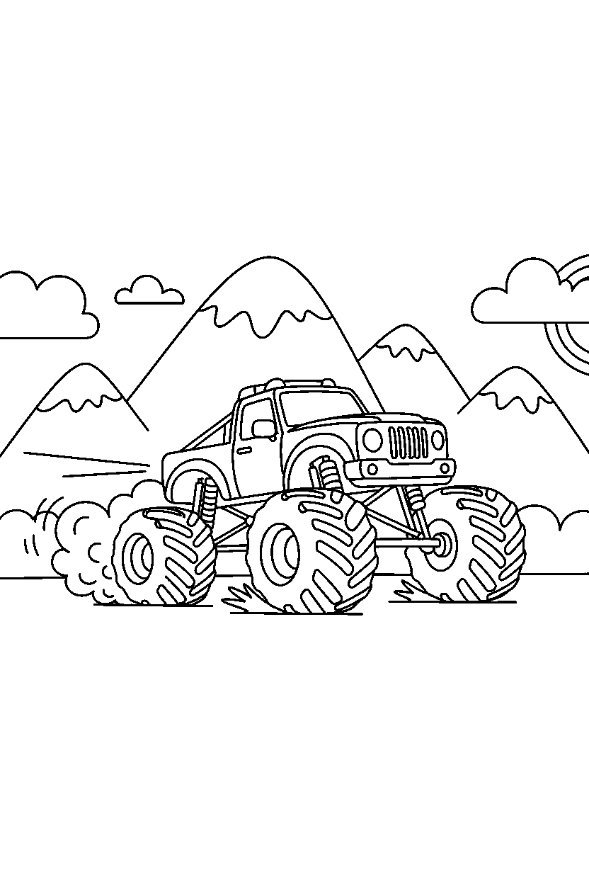 monster truck stopping safely near mountains line art