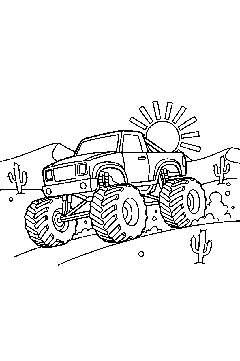 monster truck turning left in a desert line art