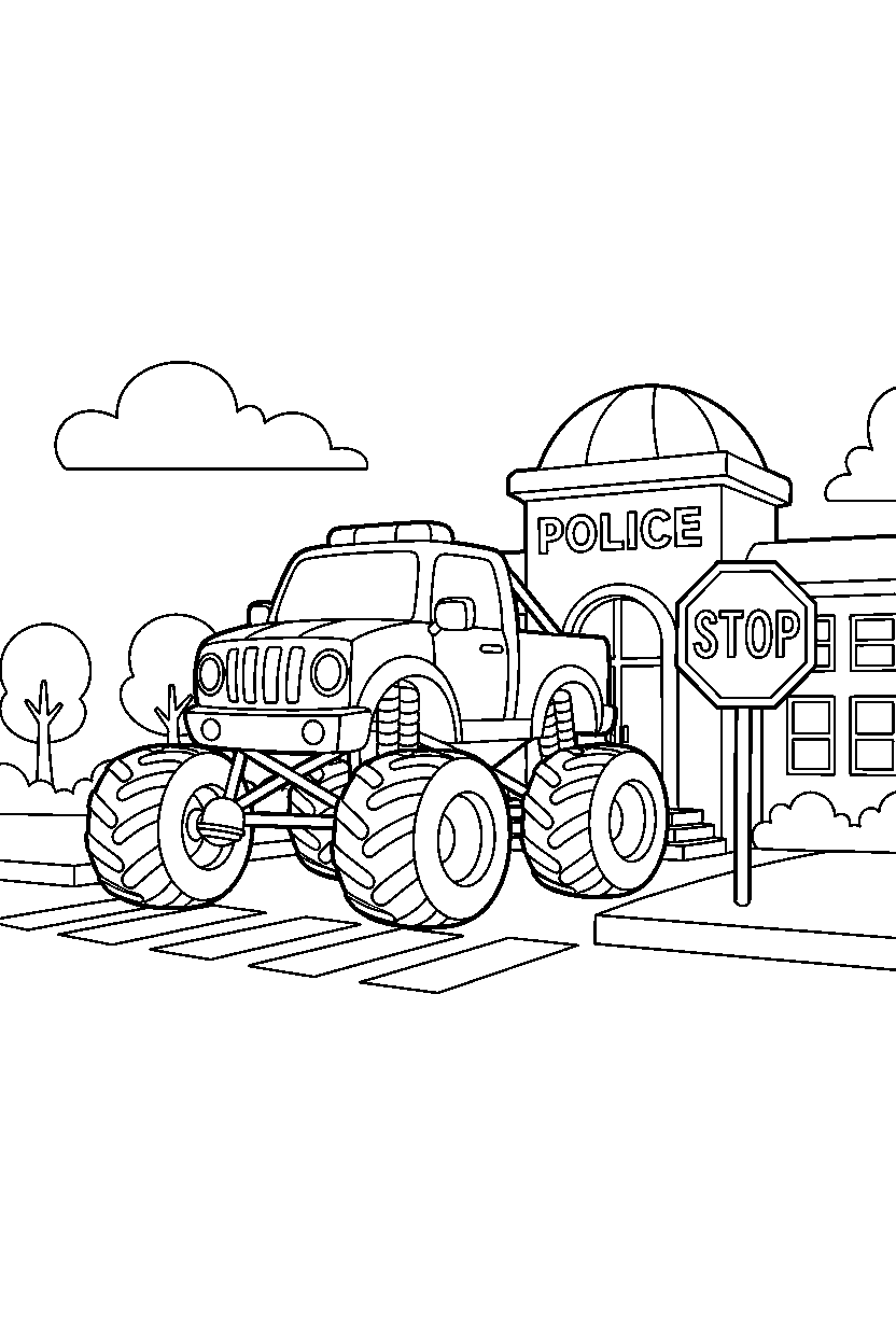 monster truck waiting at a stop at a police station line art