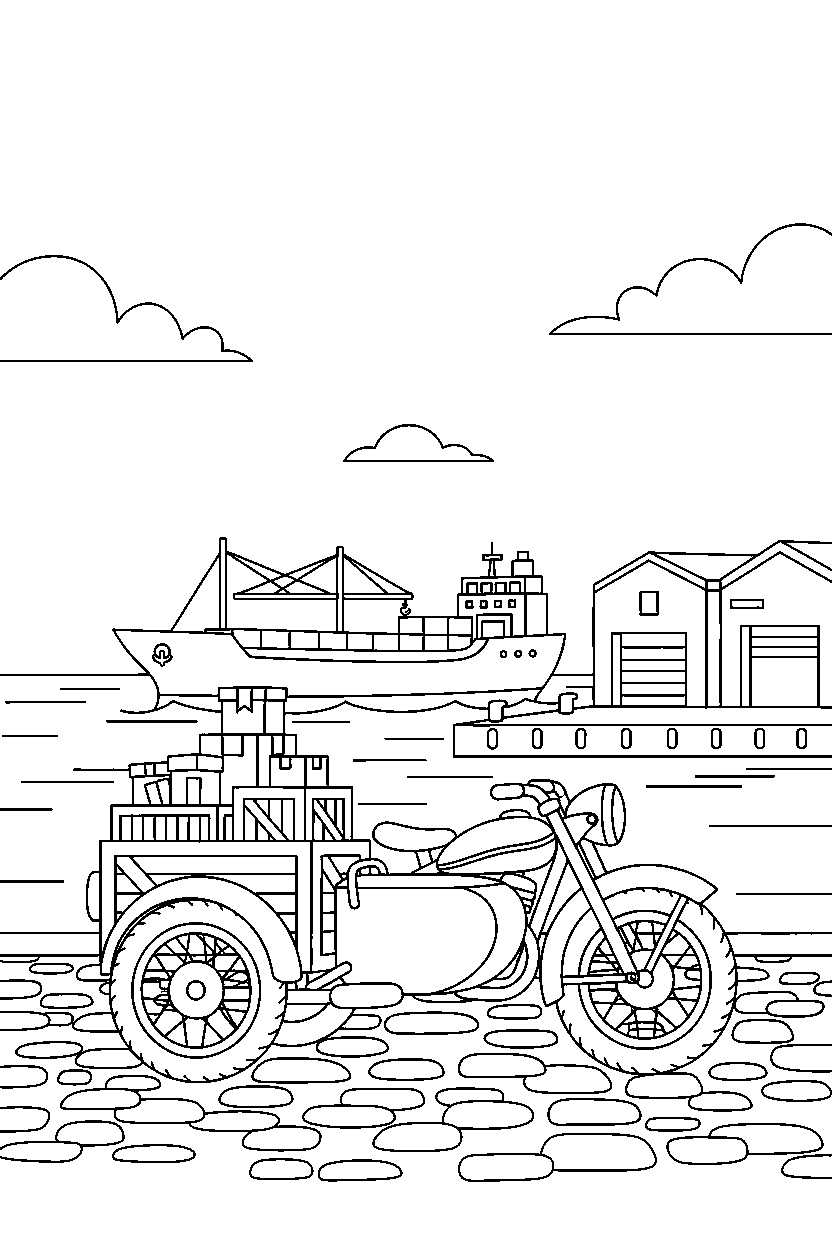 motorcycle delivering goods at a harbor line art