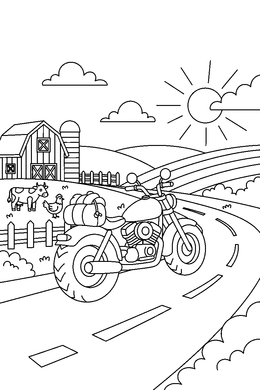 motorcycle going on a journey near a farm line art