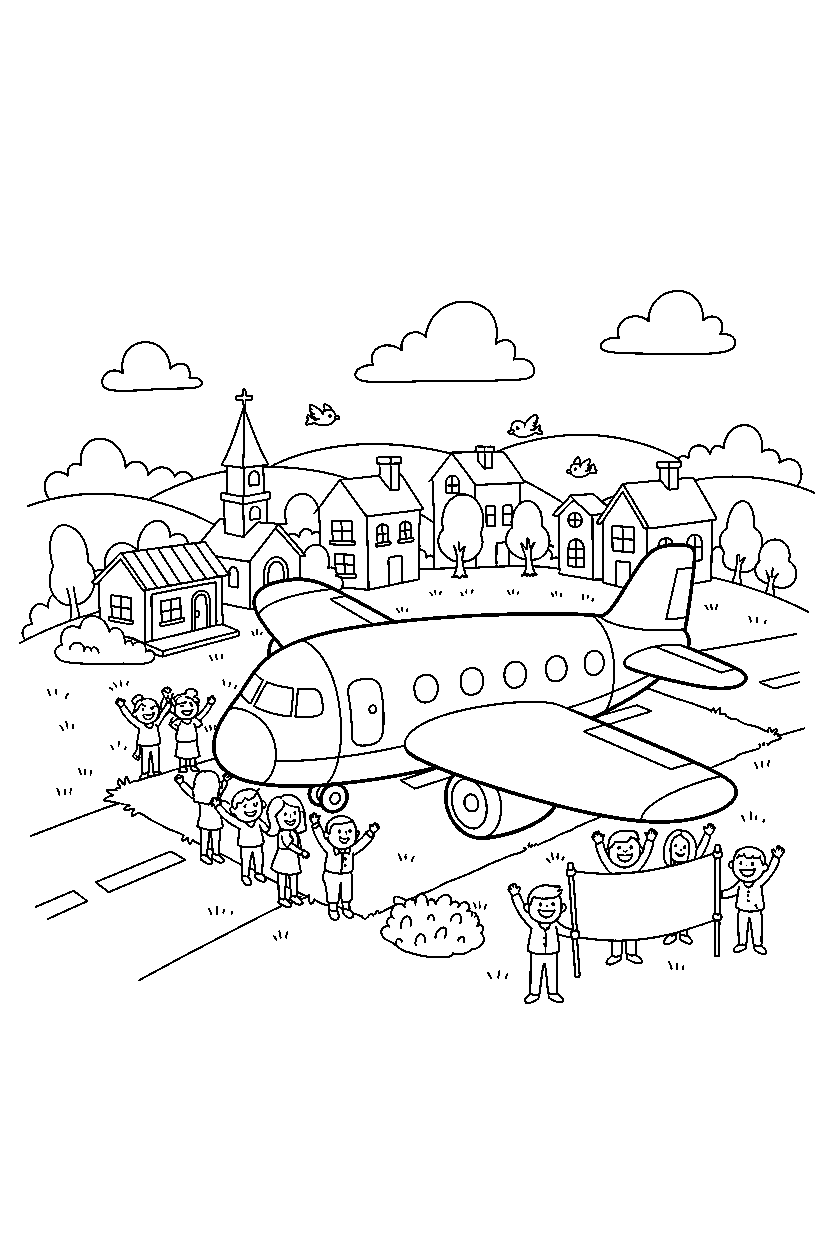 passenger airplane stopping safely in a small town line art