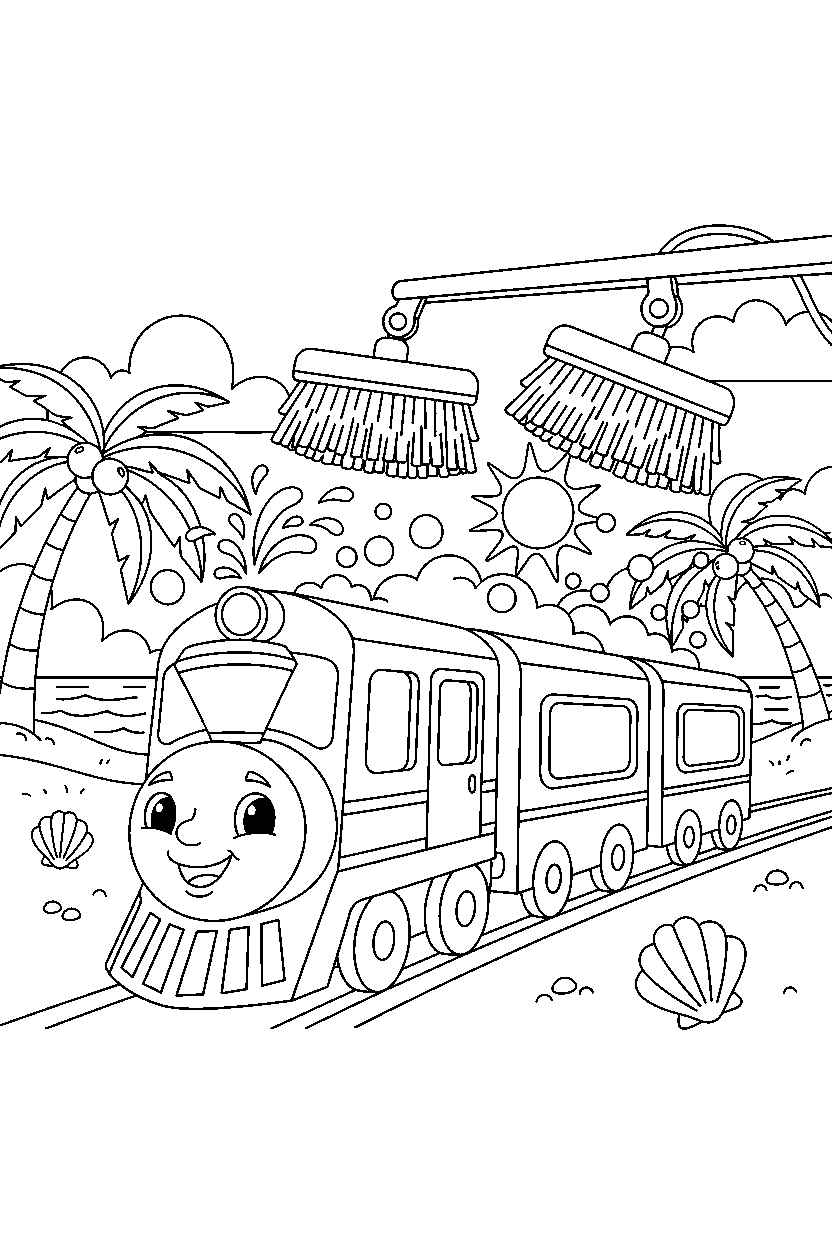 passenger train getting cleaned near the beach line art