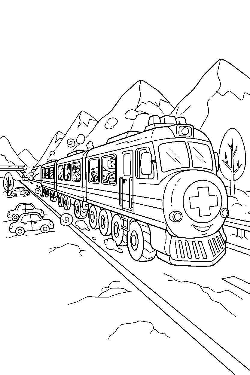 passenger train going on a rescue mission on a highway line art