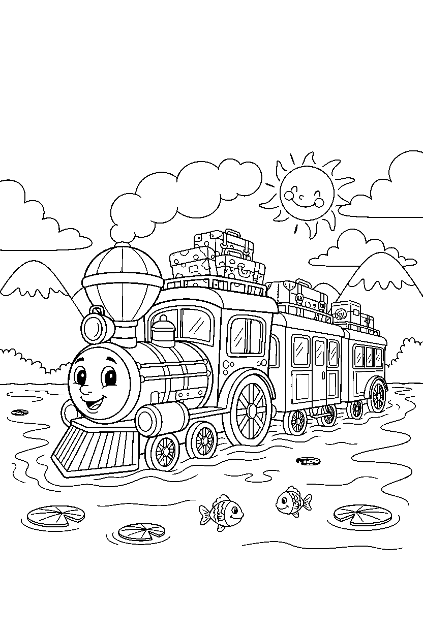 passenger train going on an adventure on a lake line art