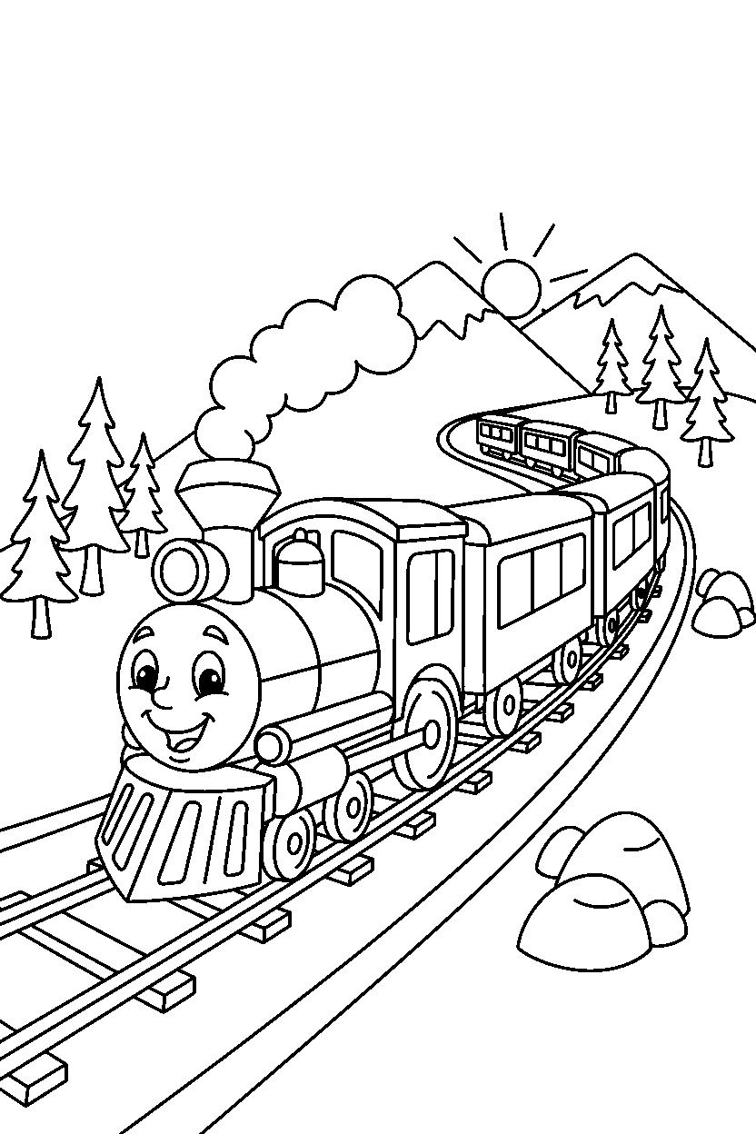 passenger train looking friendly on a mountain road line art