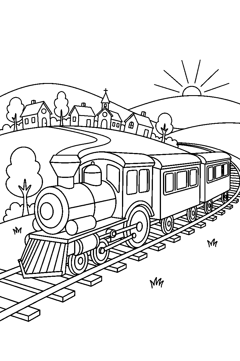 passenger train on duty near a village line art