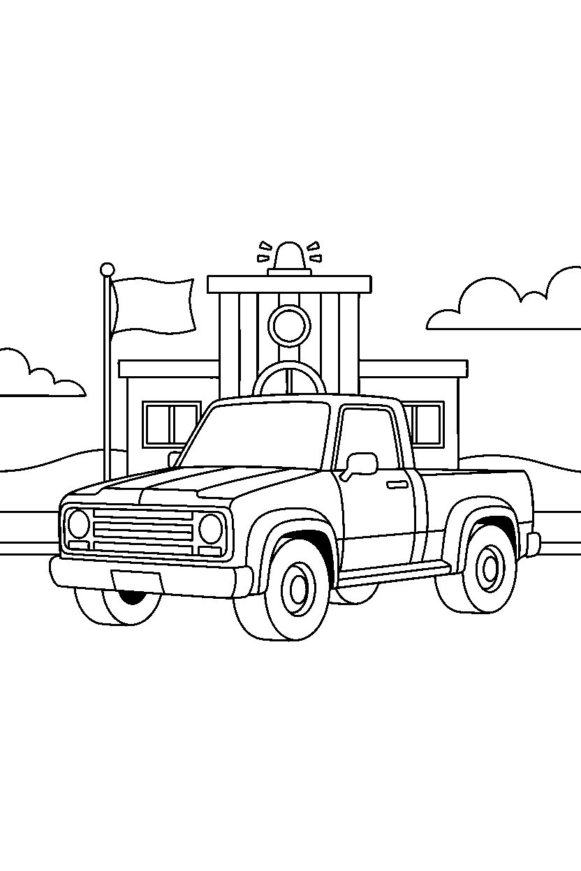 pickup truck lined up neatly at a police station line art