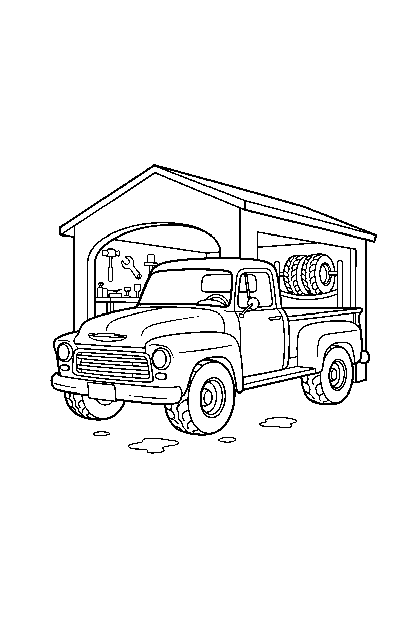 pickup truck parking at a car garage line art